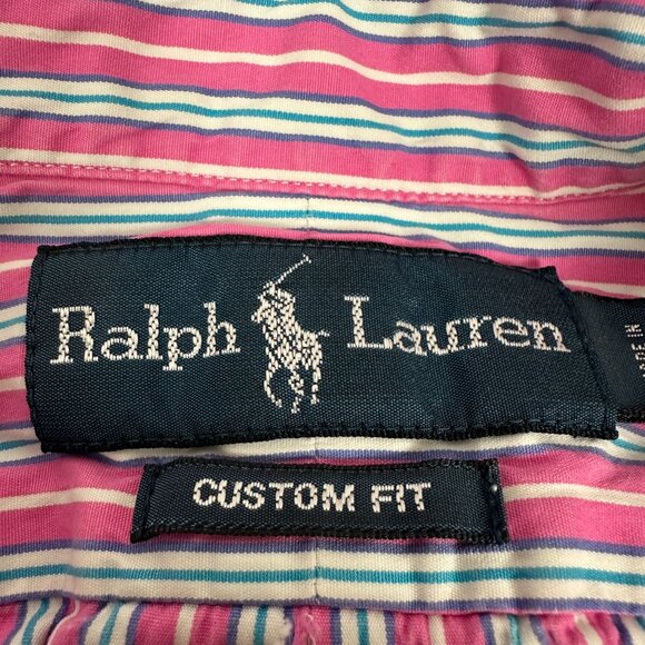 Ralph Lauren Mens Pink & Blue Striped Custom Fit Long Sleeve Shirt Size L - Picture 4 of 6